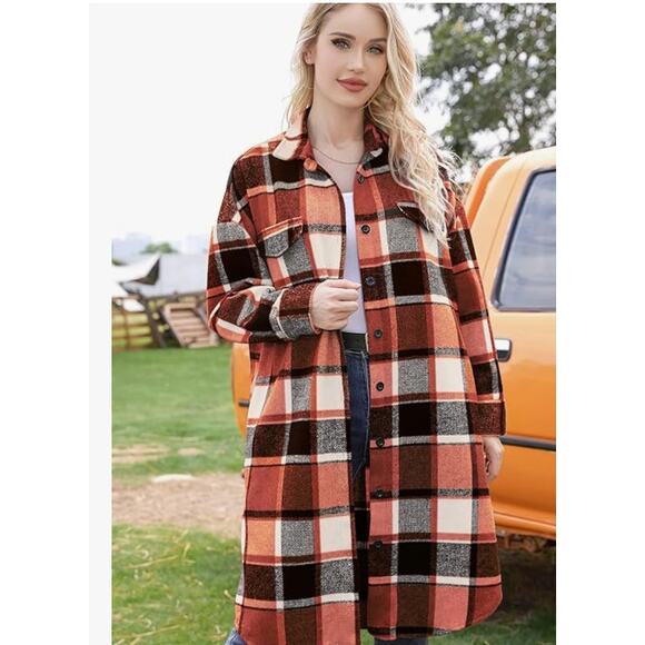 Plaid Shacket Button Wool Blend Long Tartan Trench CoatLARGE - Picture 2 of 6